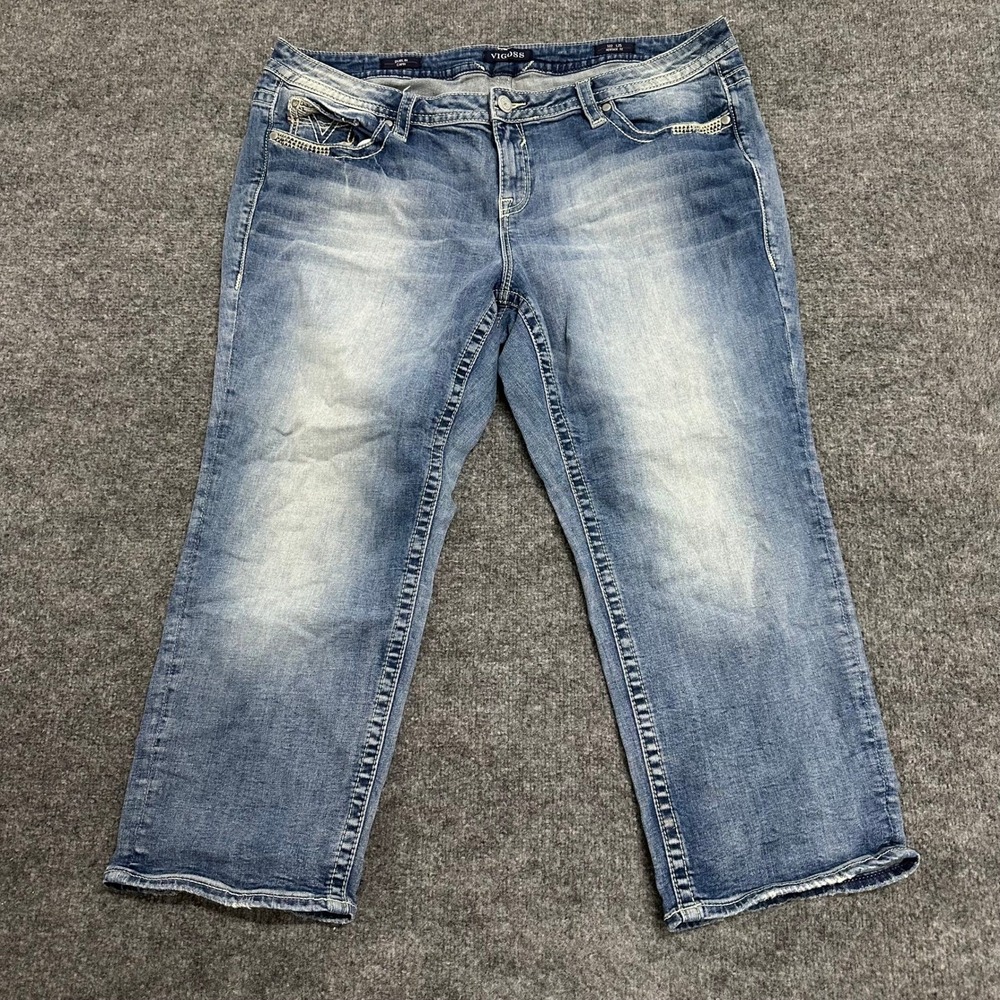 Vigoss Capri Jeans Womens Size 22 Blue Heritage Fit Rhinestone Stretch Denim